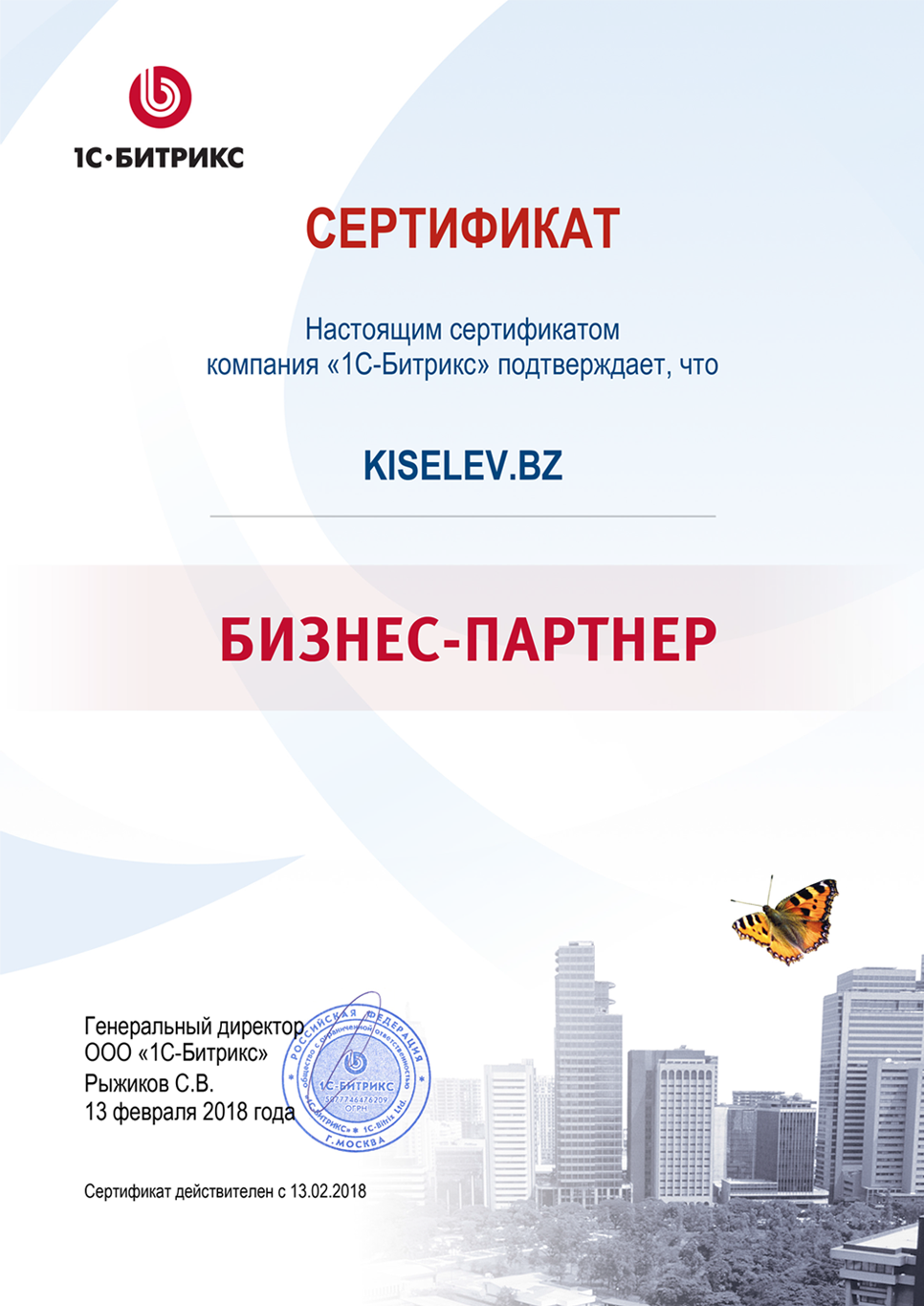 Сертификат партнёра по СРМ системам в Александрове